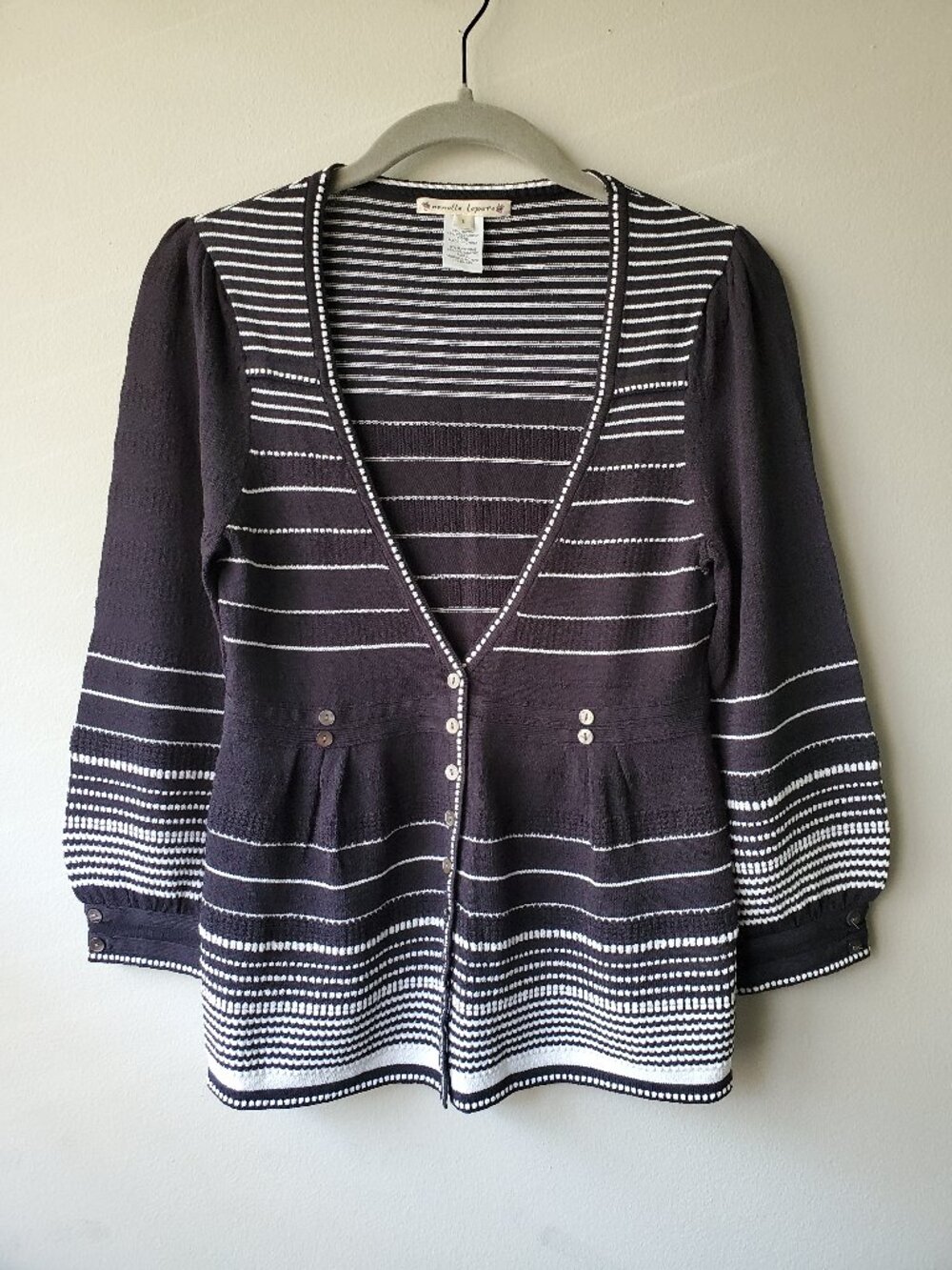 NEW Nanette Lepore Navy/White Striped V-Neck Cardigan Puff Sleeve Size S
